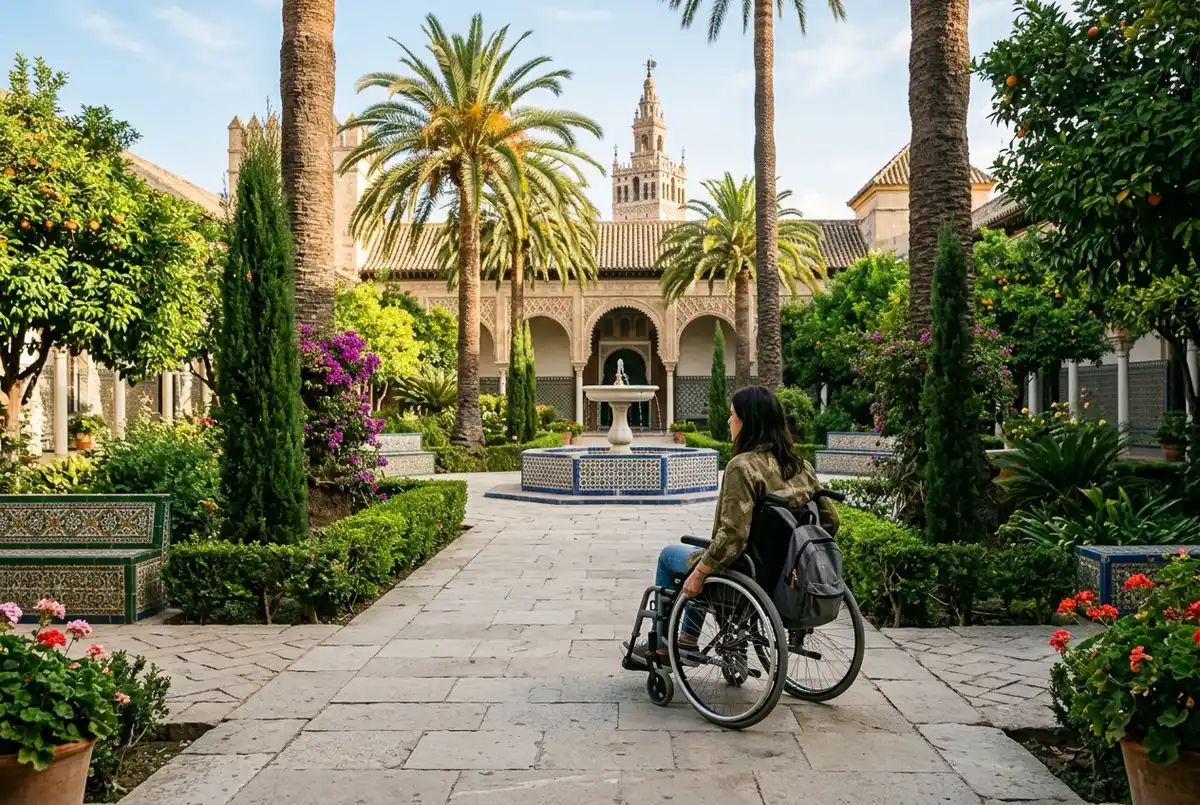 Bezoeker in comfortabele schoenen en luchtige kleding loopt over de ongelijke stenen vloer van de alcazar sevilla, mudejar bogen op de achtergrond, zacht daglicht