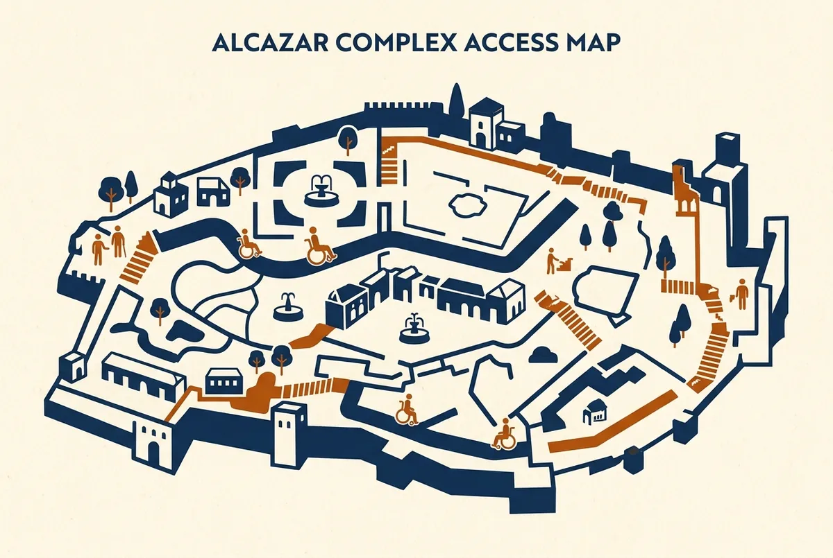 Eenvoudige infographic met iconen voor toegankelijkheid alcazar sevilla: rolstoelsymbool, trappen en grindpad naast een plattegrond van paleis en tuinen, platte stijl, alleen generieke labels