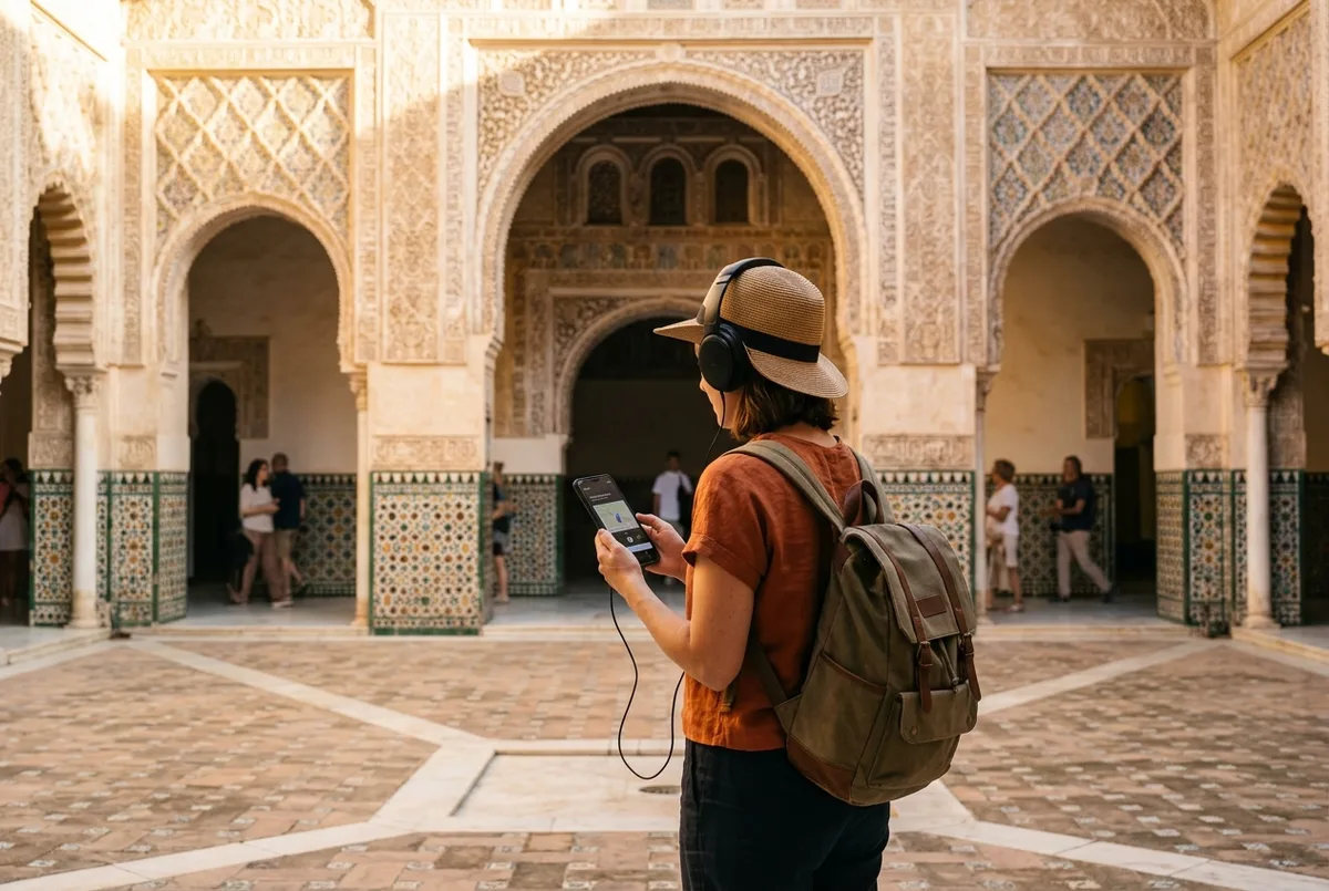 Viajante ouvindo o audioguia do Real Alcázar de Sevilha pelo aplicativo no telemóvel com fones de ouvido, em frente à fachada azulejada do Salão dos Embaixadores, luz quente de tarde