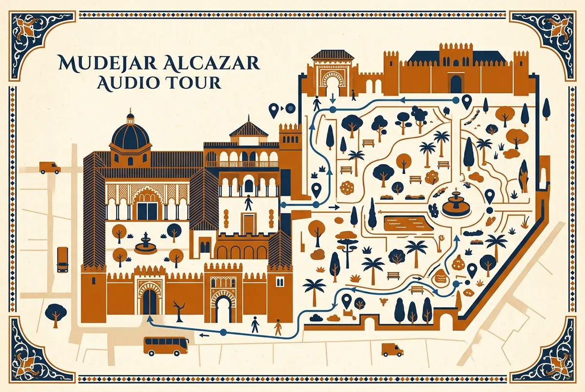 Infográfico estilo mapa mostrando o percurso do audioguia real alcazar sevilla gratis, com paradas numeradas pelo Palácio Mudéjar e pelos jardins, estilo ícone plano, apenas rótulos genéricos