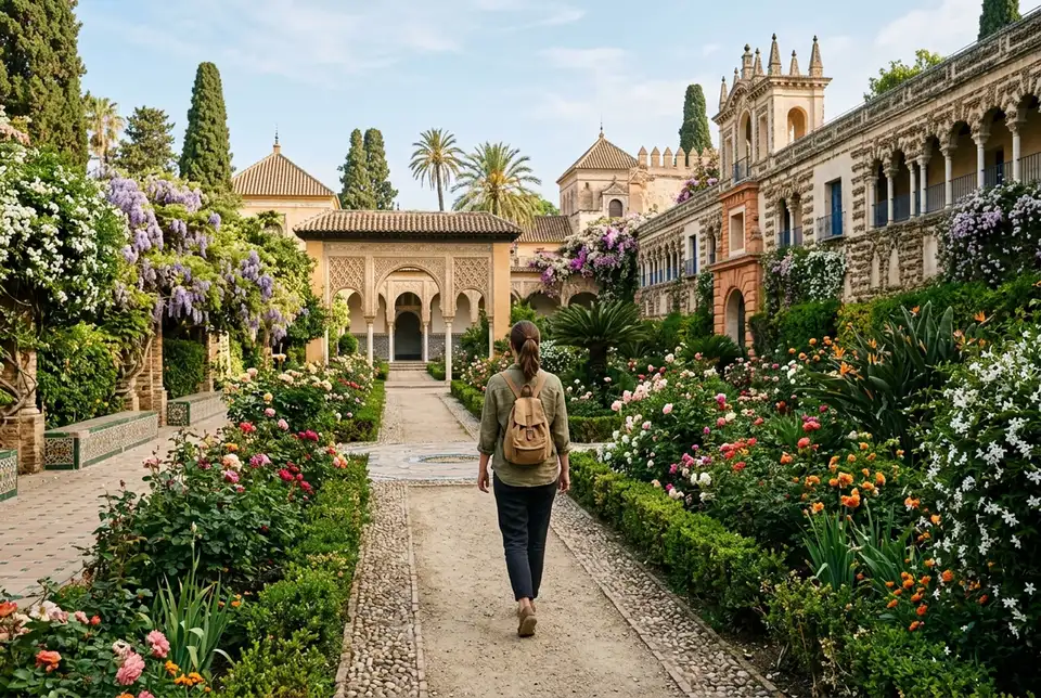 Voyageur profitant des jardins de l'alcazar seville au printemps, orangers en fleurs et lumière douce de fin d'après-midi, peu de monde autour