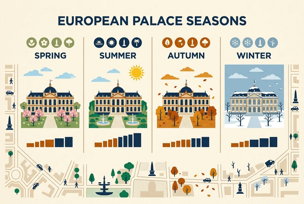 Infographie comparant l'affluence et la chaleur à l'alcazar seville par saison, quatre colonnes printemps été automne hiver, icônes génériques de soleil et de foule sans texte de prix