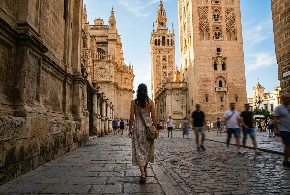 Reiziger die loopt tussen de Giralda toren van de Kathedraal van Sevilla en de ingang van de Real Alcázar op Patio de Banderas, beide monumenten zichtbaar in warm middaglicht