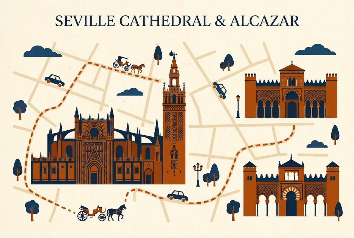Kaart-stijl infographic met een looproute tussen de Kathedraal van Sevilla, de Giralda toren en de ingang van de Real Alcázar, alleen gelabelde monumenten, platte iconenstijl, geen statistieken