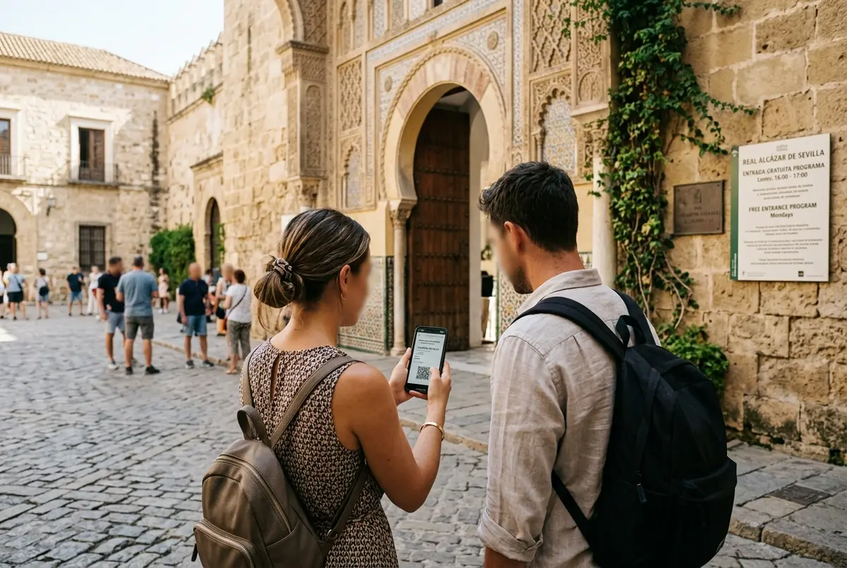 Viajantes conferindo a confirmação de reserva no telemóvel do lado de fora do portão do Real Alcázar de Sevilha perto do Pátio de Banderas, sinalização do programa de entrada gratuita, luz do meio-dia