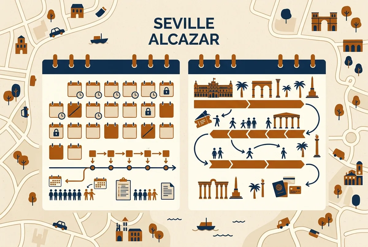 Infográfico estilo calendário mostrando as janelas de reserva do real alcázar sevilha gratis e a antecedência necessária comparada à flexibilidade de um bilhete pago, estilo ícone plano, apenas rótulos genéricos