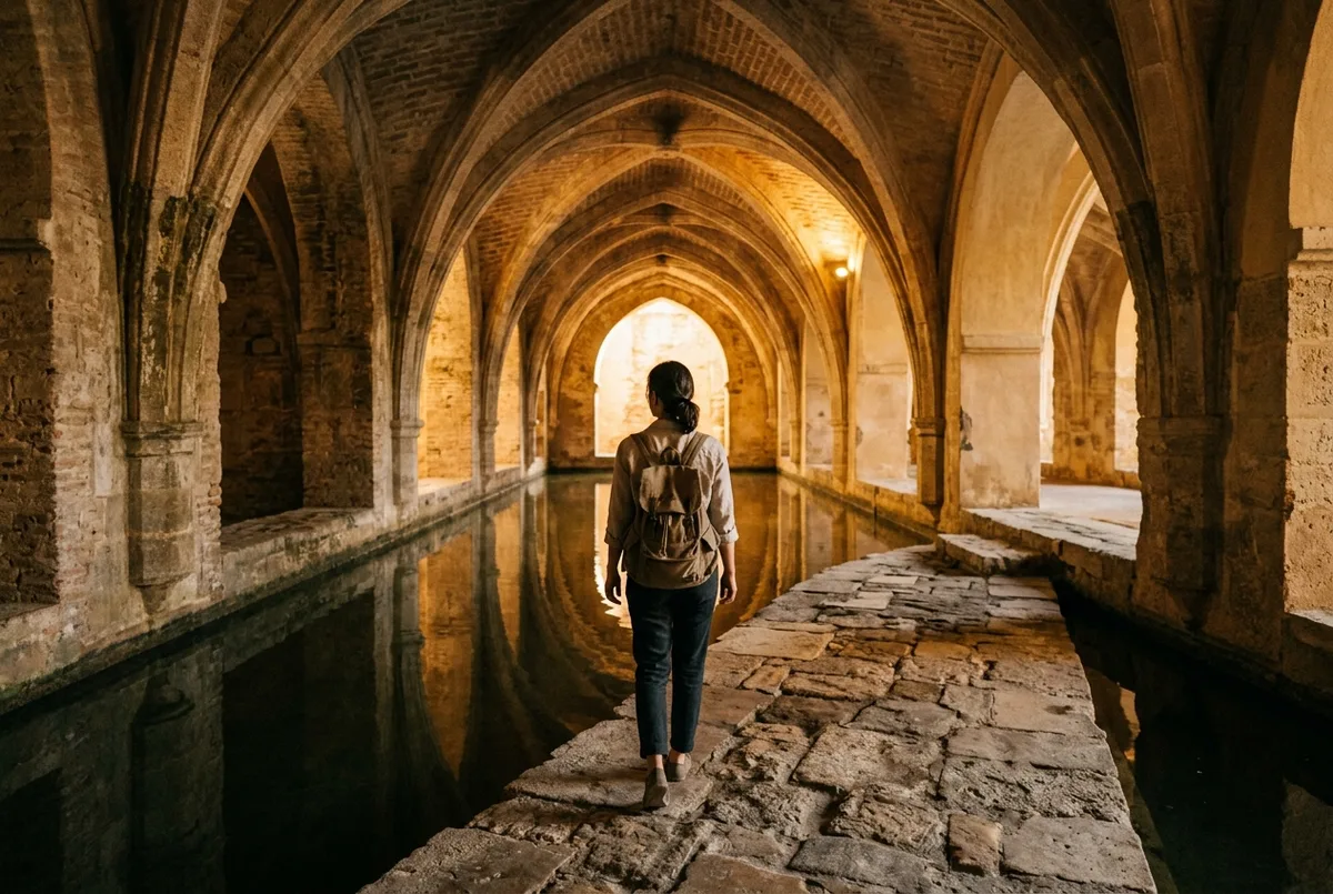 Rejsende der går gennem María Padillas bade i Alcazar Sevilla, det ægte alcazar sevilla game of thrones filmsted for Water Gardens of Dorne, varmt eftermiddagslys