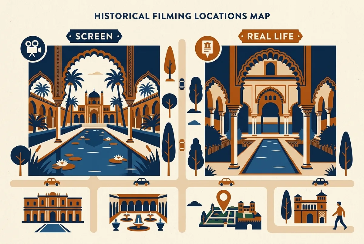 Side om side sammenligningsgrafik mærket Skærm og Virkelighed, der viser Water Gardens of Dorne-filmstedet ved siden af de rigtige María Padillas bade i Alcazar Sevilla, flad redaktionel stil, generiske labels