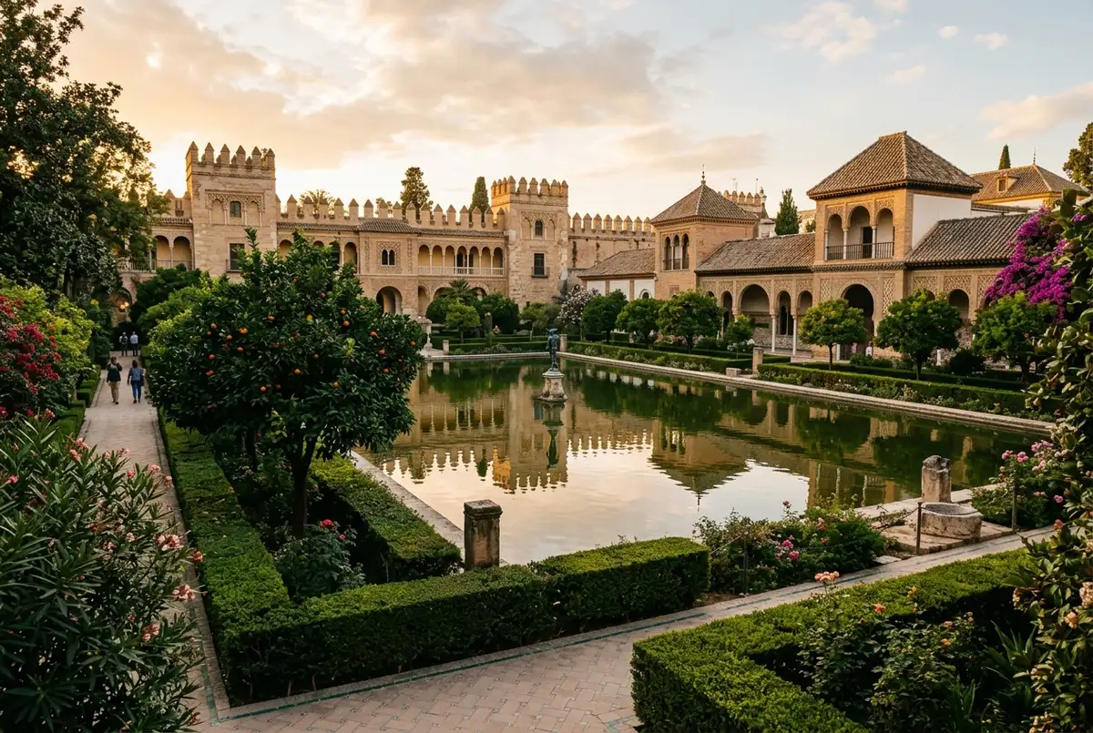 Bredt udsyn over en alcazar garden seville med Merkur-dammen der spejler mudéjariske palædsmure, klippede hække og appelsintræer, blødt gyldent aftenlys