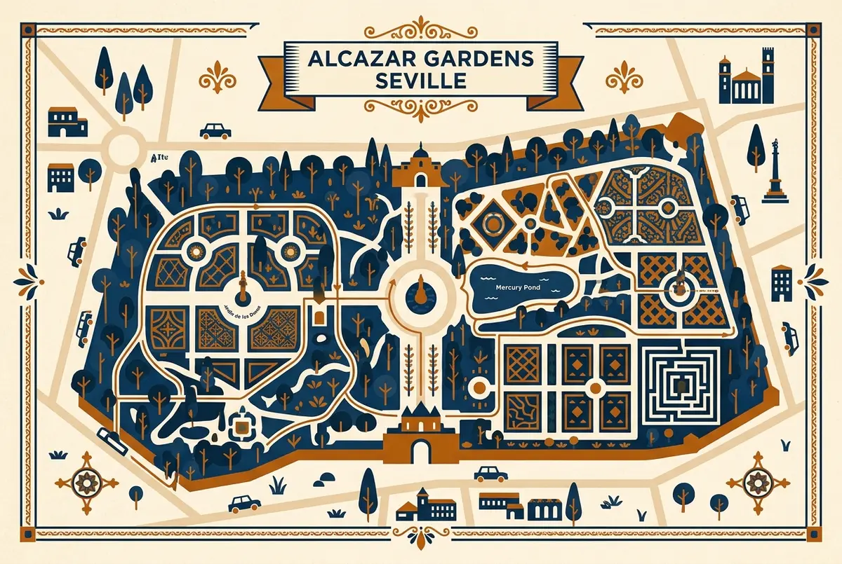 Kortillustration af en alcazar garden seville der viser Jardín de las Damas, Merkur-dammen, Galera-haverne og labyrinten placeret langs en selvguidet gåtursrute, flad infografikstil, generiske labels