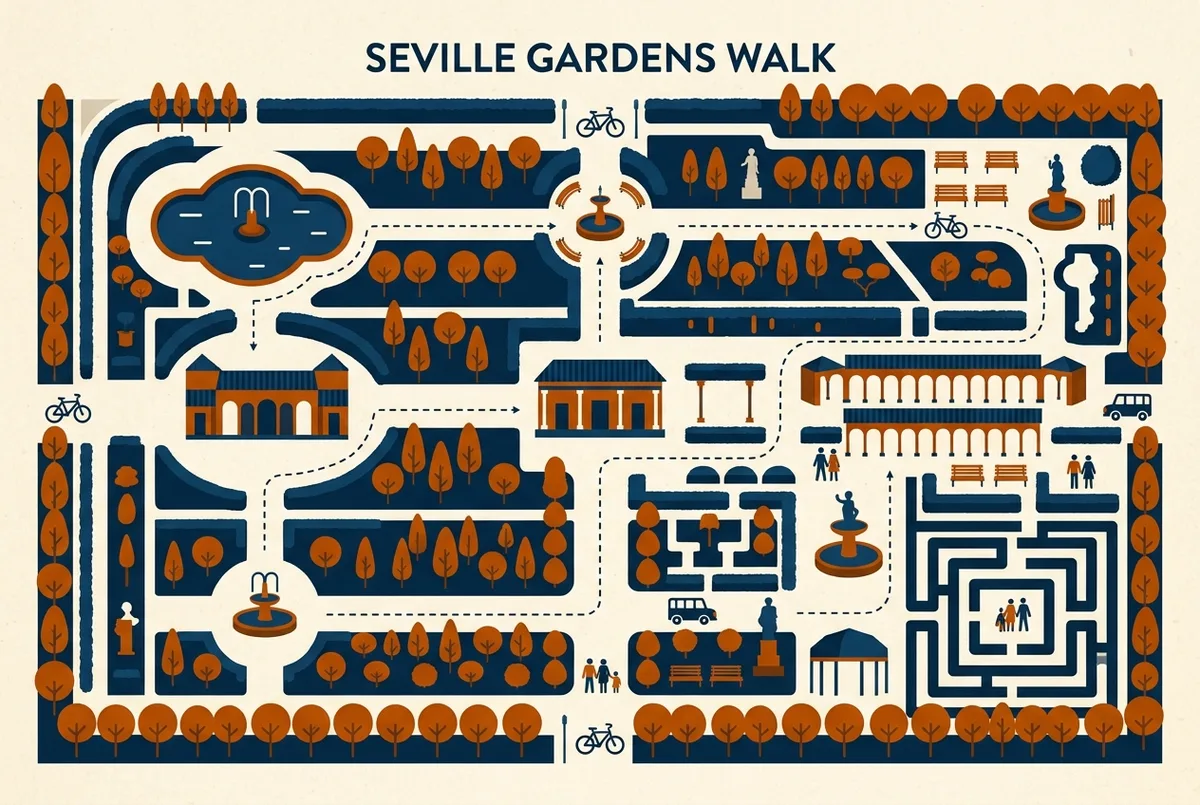 Flat top down map illustration of the royal alcazar seville gardens showing a numbered self-guided walking route through the Jardin de las Damas, Mercury Pond, Galera gallery and maze, infographic style, generic labels only