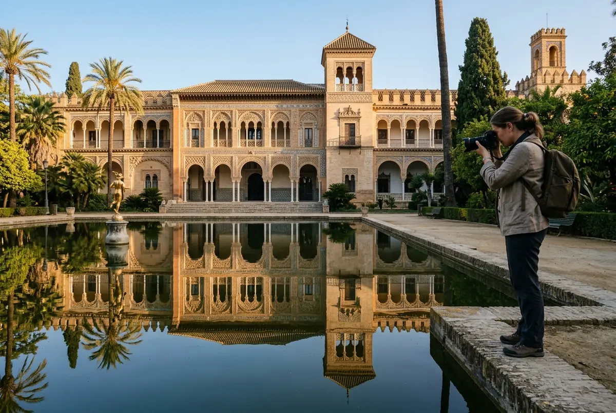 Fotografa che inquadra il riflesso del palazzo nello stagno di Mercurio nei giardini dell'Alcazar di Siviglia all'alba, acqua immobile, luce dorata