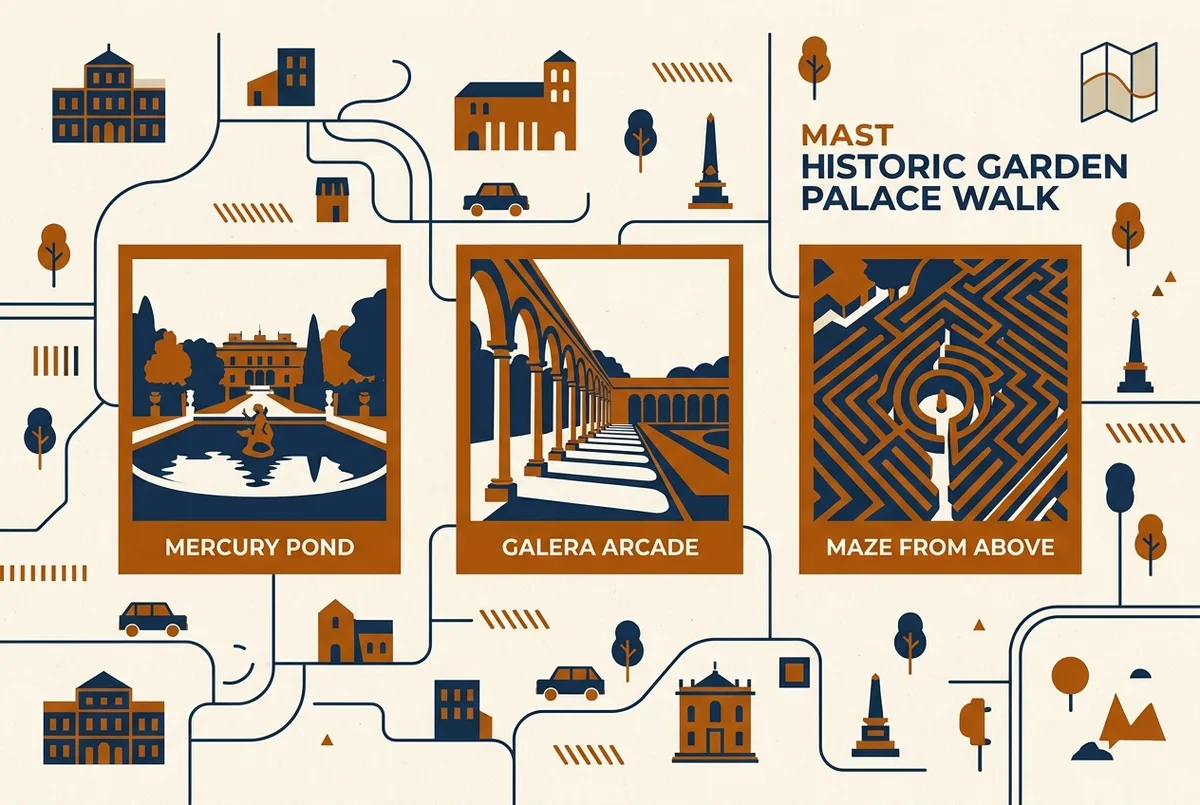 Mappa illustrata dei cinque punti fotografici migliori dell'Alcazar di Siviglia, con stagno di Mercurio, portico della Galera, labirinto e Patio de las Doncellas etichettati, stile infografico piatto
