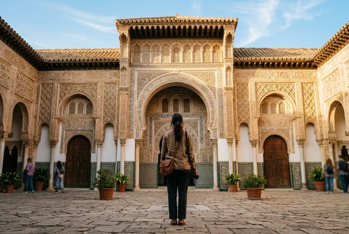 Rejsende der står foran den udsmykkede mudéjariske facade på Palacio de Don Pedro I, et centralt sted i alcazar sevilla history, varmt sen eftermiddagslys på det udskårne stenarbejde