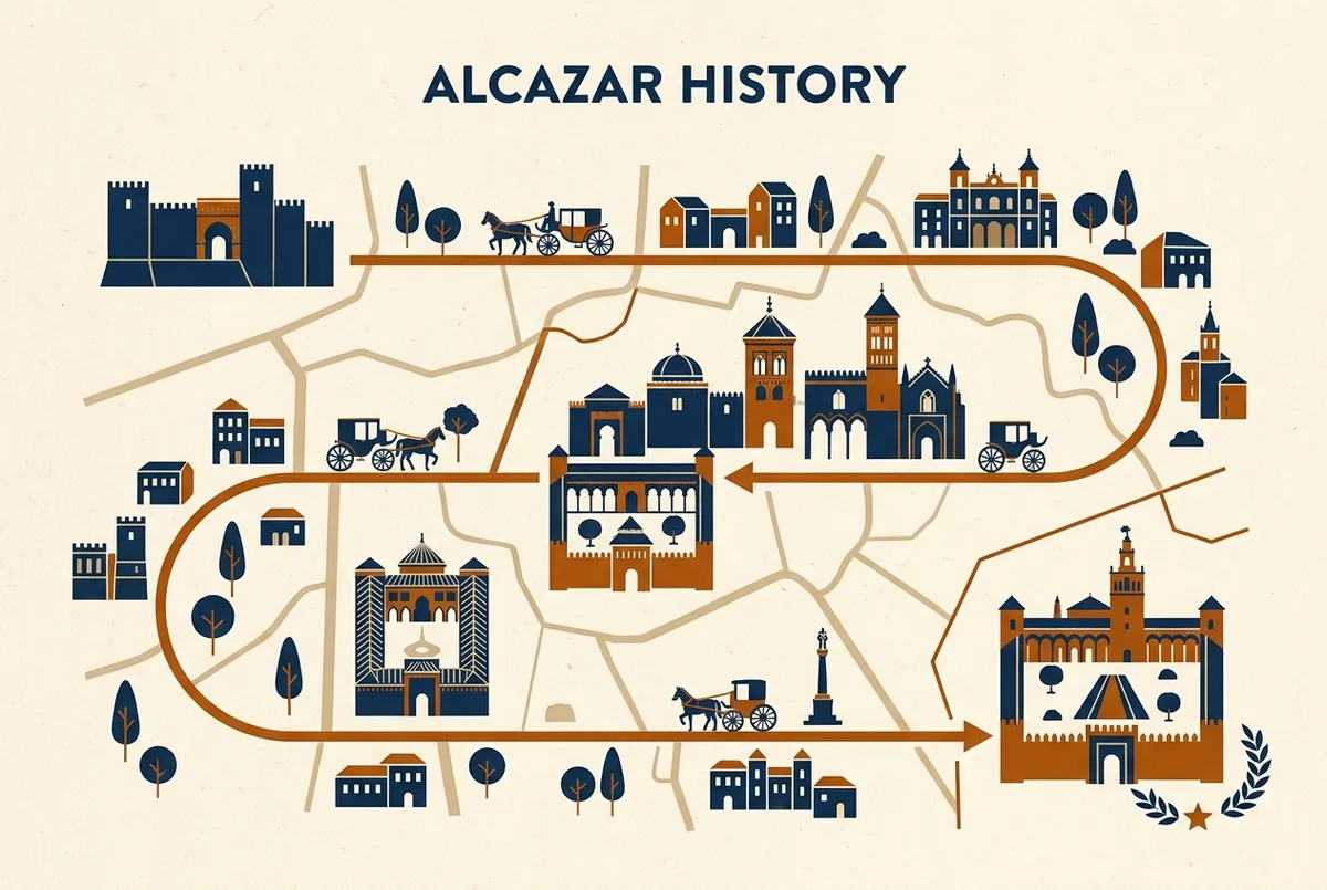 Tidslinje-infografik der illustrerer alcazar sevilla history fra det 913 kordobanske fæstningsværk over Pedro I's mudéjariske ombygning til UNESCO-optagelsen i 1987, flad redaktionel stil, generiske labels