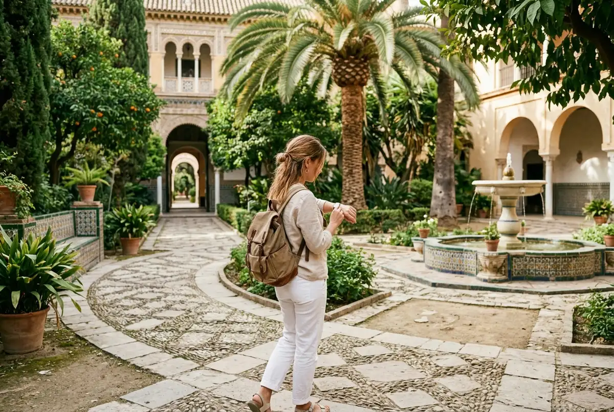 Visitatore che controlla l'orologio da polso mentre attraversa il Patio de las Doncellas del Real Alcazar di Siviglia, luce dorata di metà mattina, per illustrare la durata visita Alcazar Siviglia