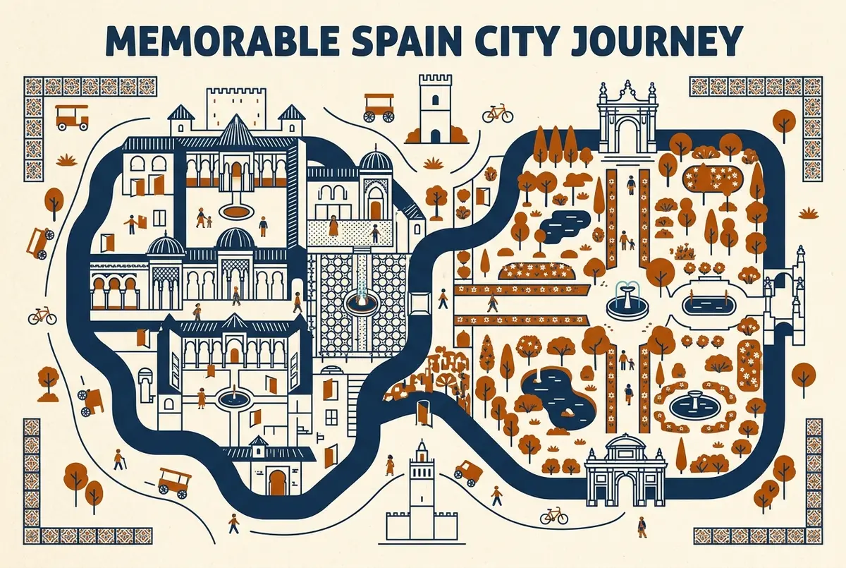 Infografica con orologio e icone che mostra come dividere la durata visita Alcazar Siviglia tra sale del palazzo e giardini