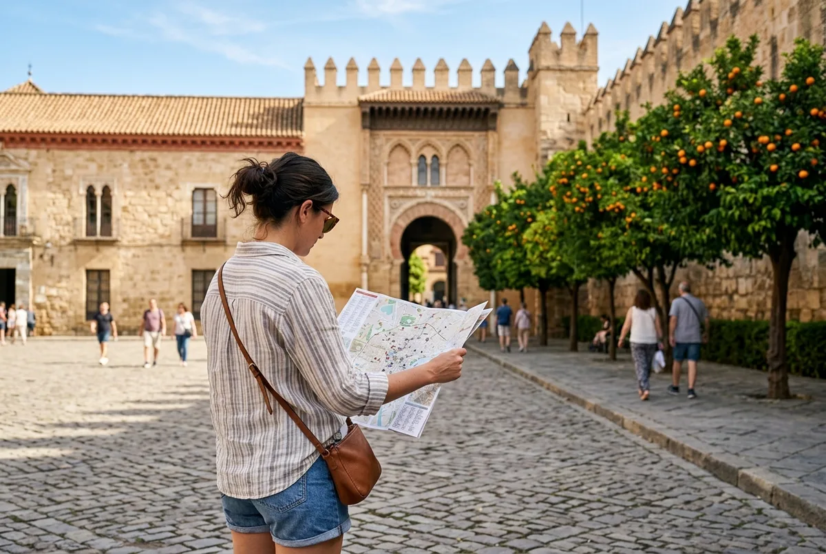 Reisende mit Stadtplan steht vor der Puerta del León am alcazar sevilla eingang, historische Steinmauern, sonniger Vormittag in Sevillas Altstadt