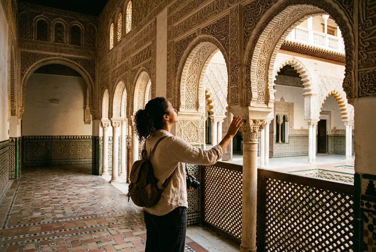 Detalle de yeserias caladas y azulejos geometricos en un arco de herradura del palacio mudejar del alcazar de sevilla