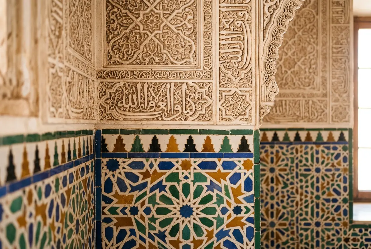 Comparacion visual entre el estilo del palacio gotico y el palacio mudejar del alcazar de sevilla con iconos genericos de arco de herradura y boveda de crucero
