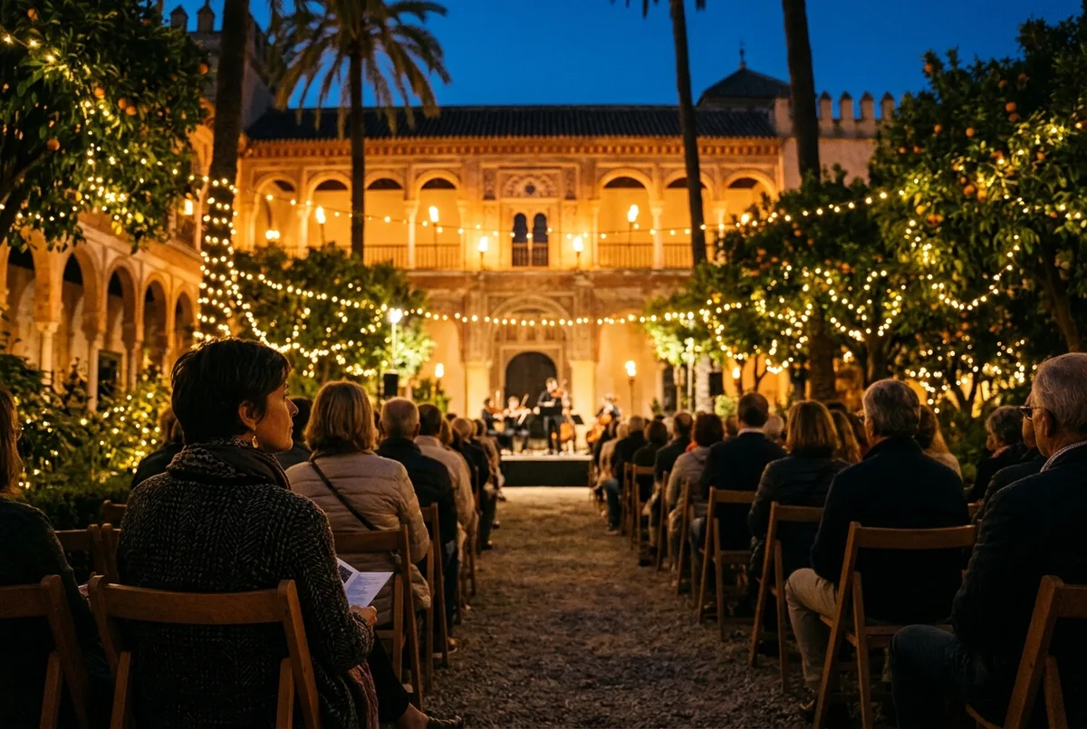 Rejsende der sidder blandt publikum til en alcazar sevilla conciertos-koncert i de oplyste haver ved skumring, lyskæder og et fakkeloplyst palædsfacade i baggrunden