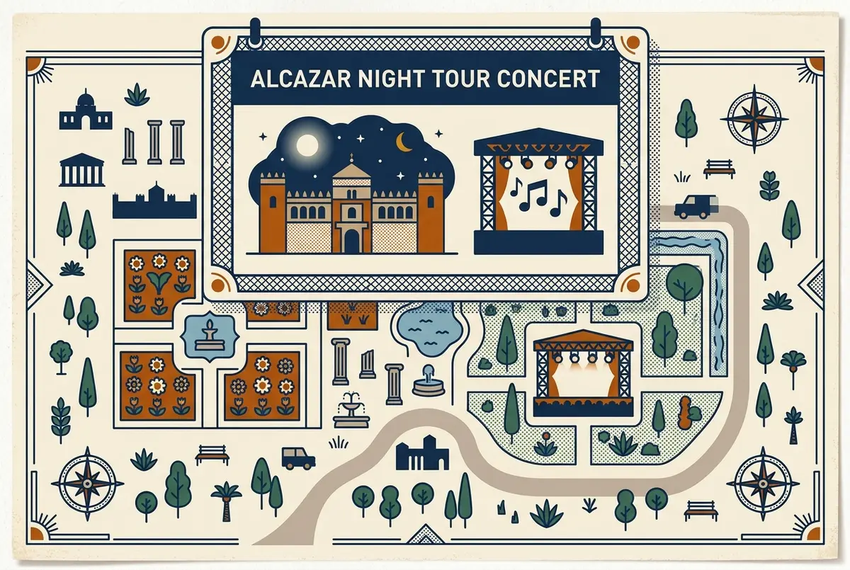 Infografik-stil kalender der viser en alcazar sevilla conciertos-sæsonvindue lagt over et havekort med et sceneikon, flad illustration, generiske labels