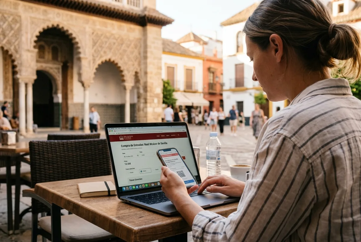 Foto em split screen de um viajante comparando um laptop com a página oficial de bilhetes do Alcázar de Sevilha e um telemóvel com a tela de reserva do GetYourGuide, centro histórico de Sevilha desfocado ao fundo