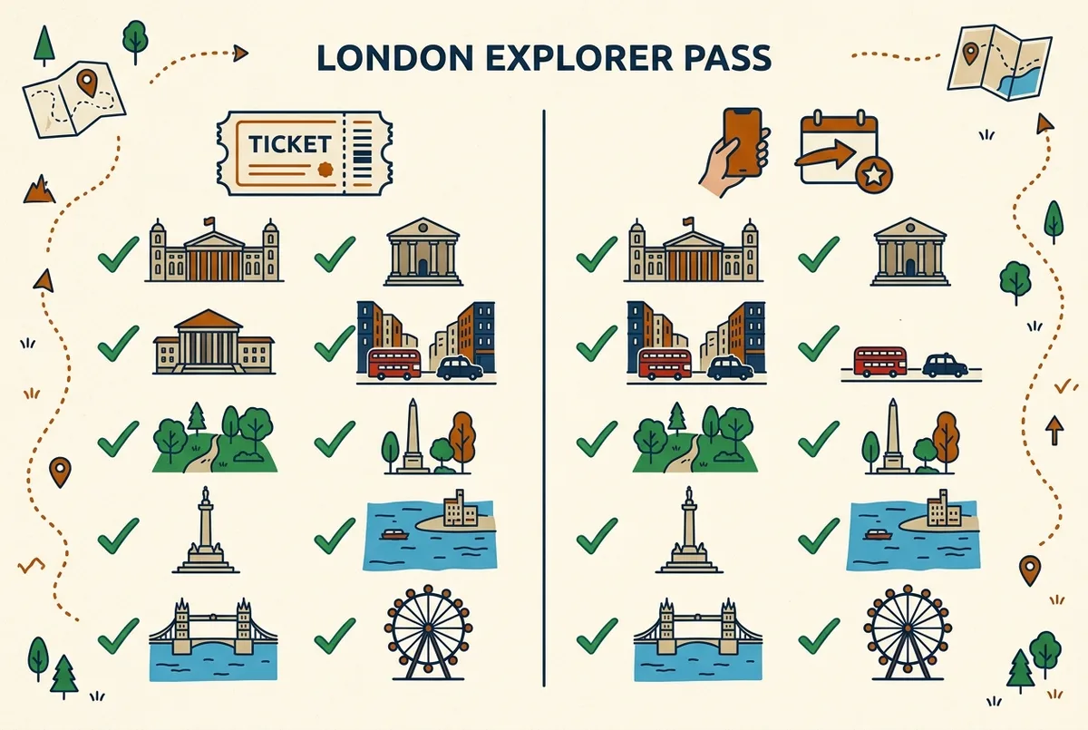 Infográfico simples de comparação com duas colunas rotuladas, um ícone de bilhete oficial à esquerda e um ícone de reserva GetYourGuide à direita, marcas de checagem para recursos incluídos, estilo plano, sem preços ou estatísticas