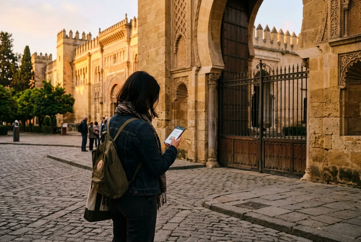 Reloj de sol historico junto a la fachada mudejar del real alcazar de sevilla iluminado por la luz temprana de la manana