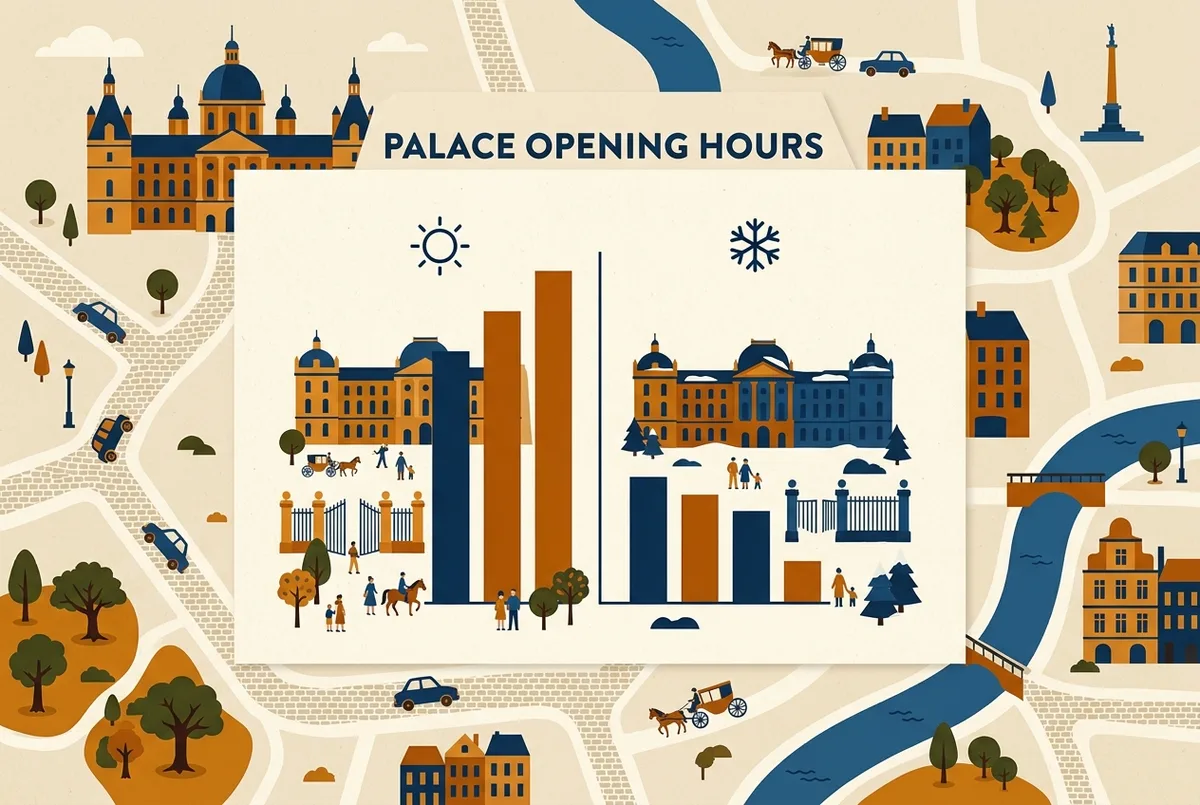 Grafico infografico mostrando franjas horarias estacionales del horario del alcazar de sevilla con iconos genericos de sol y reloj