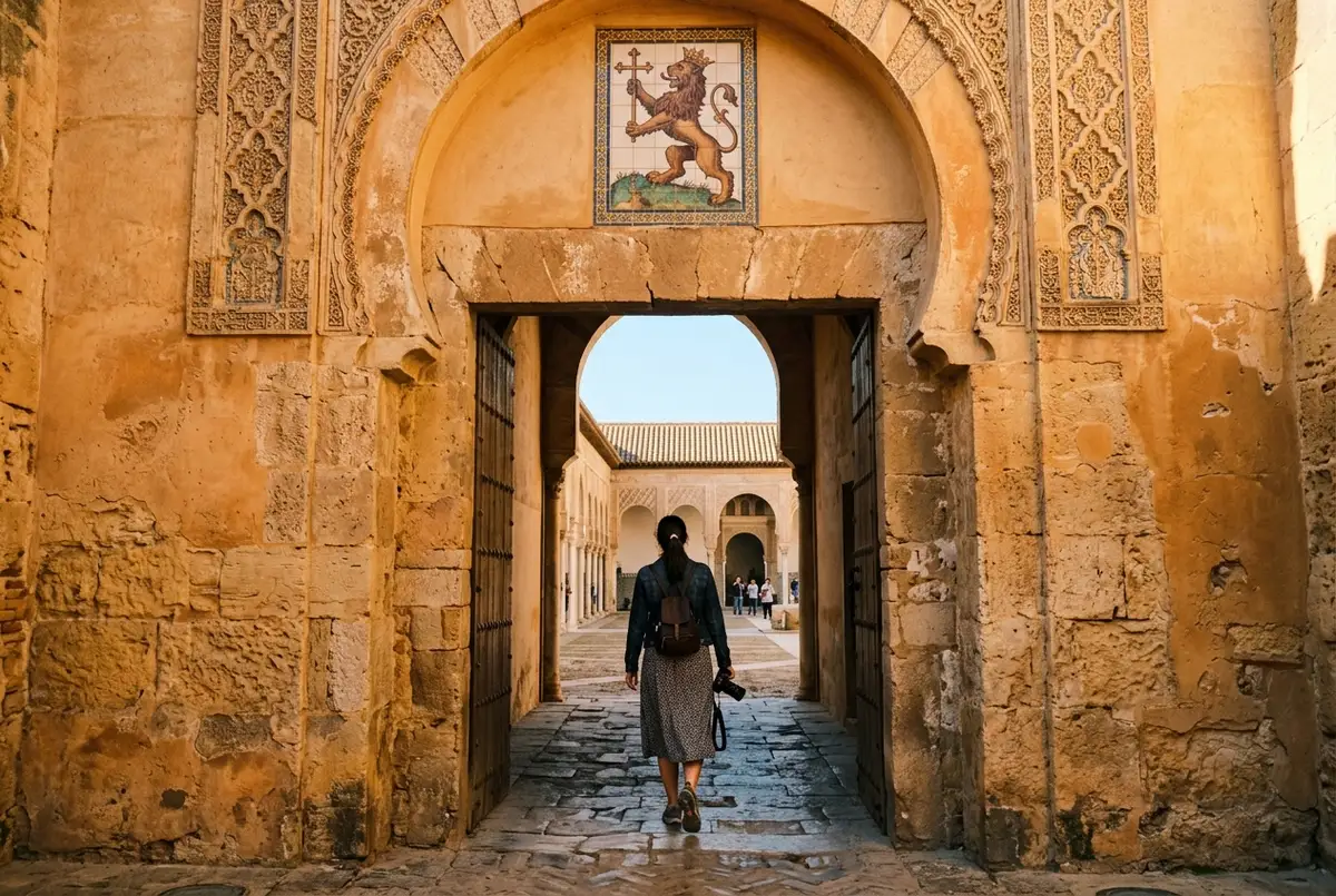Nærbillede af intrikate mudéjariske azulejos-fliser og udskåret stukarbejde i en buegang tæt på Cuarto Real Alto i Alcazar Sevilla, varmt formiddagslys der fremhæver mønstrene