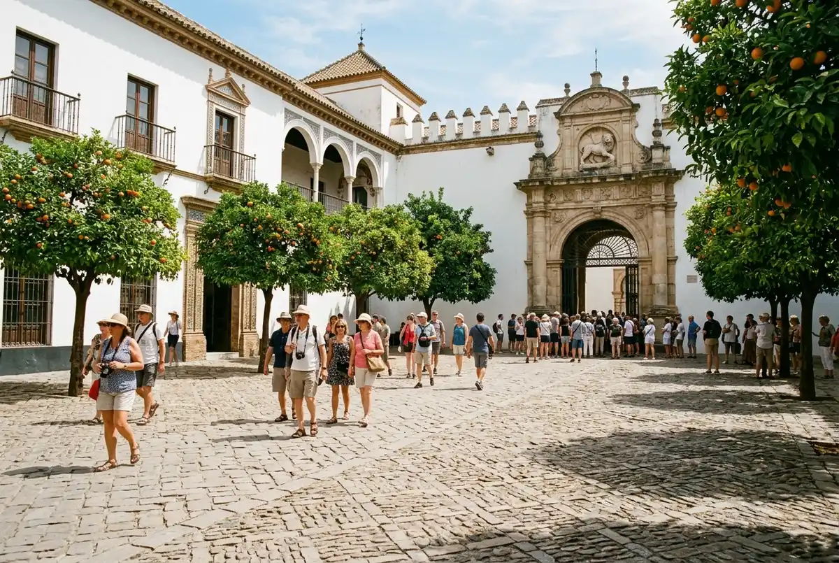 Detaljeret nærbillede af alcazar sevilla azulejos mønstre i geometrisk stjerneform på en buegangsvæg, flad redaktionel fotostil, ingen tekst eller priser i billedet