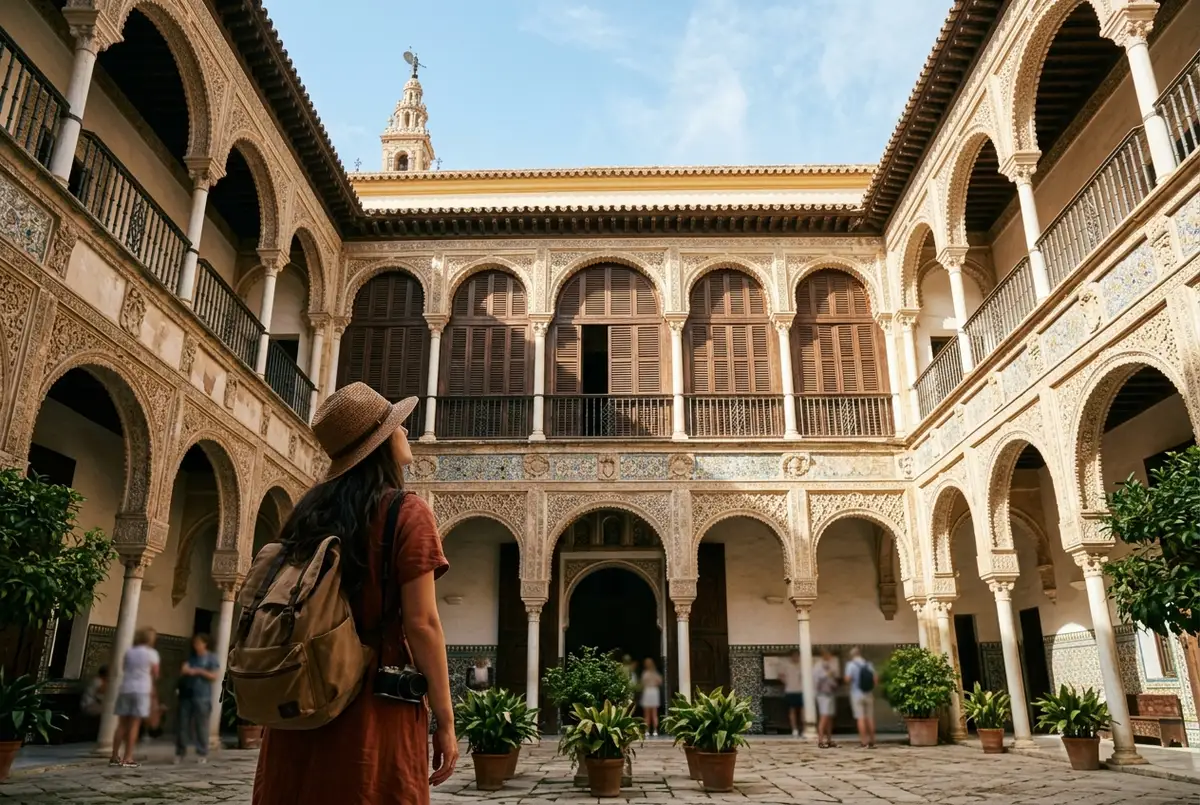 Facciata dorata del Palazzo Mudéjar del palazzo reale Alcazar Siviglia con bandiera spagnola su un pennone laterale, luce calda di fine pomeriggio, nessuna persona in primo piano