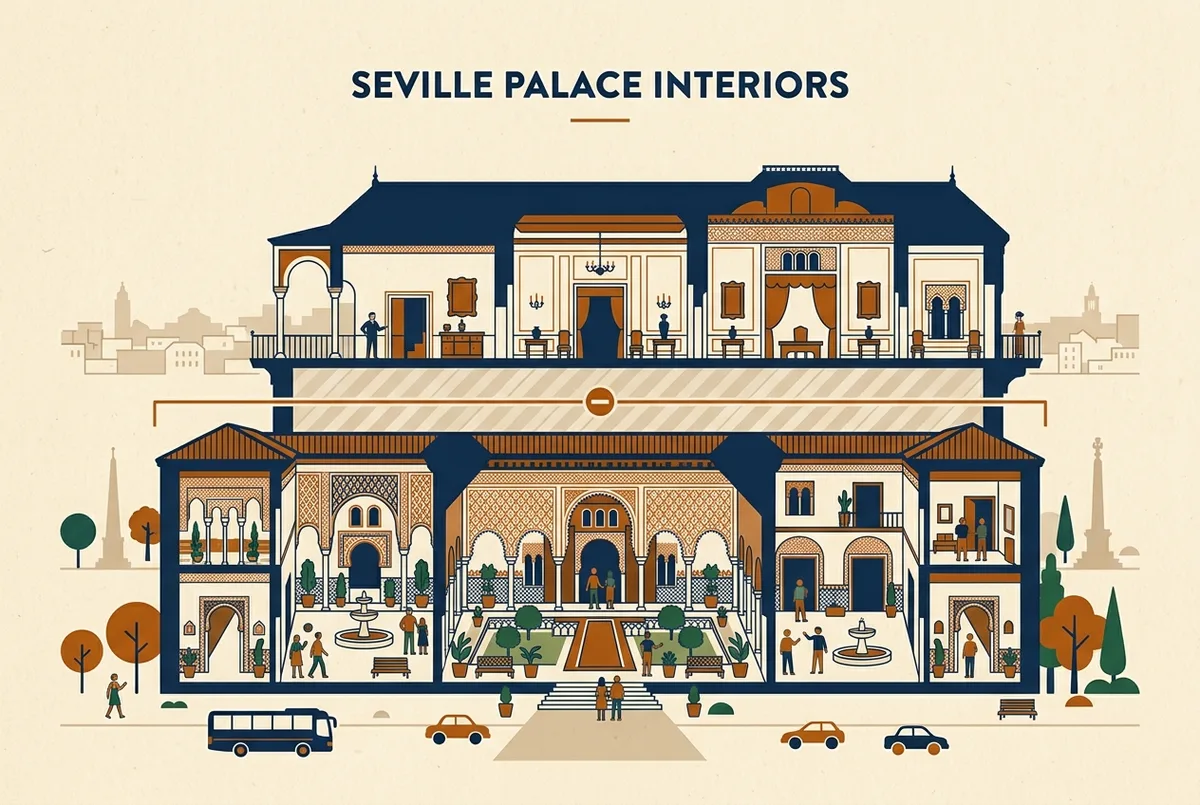 Pianta illustrata del palazzo reale Alcazar Siviglia con le aree aperte al pubblico evidenziate in un colore e il Cuarto Real Alto riservato in un altro, stile infografico piatto, solo etichette generiche
