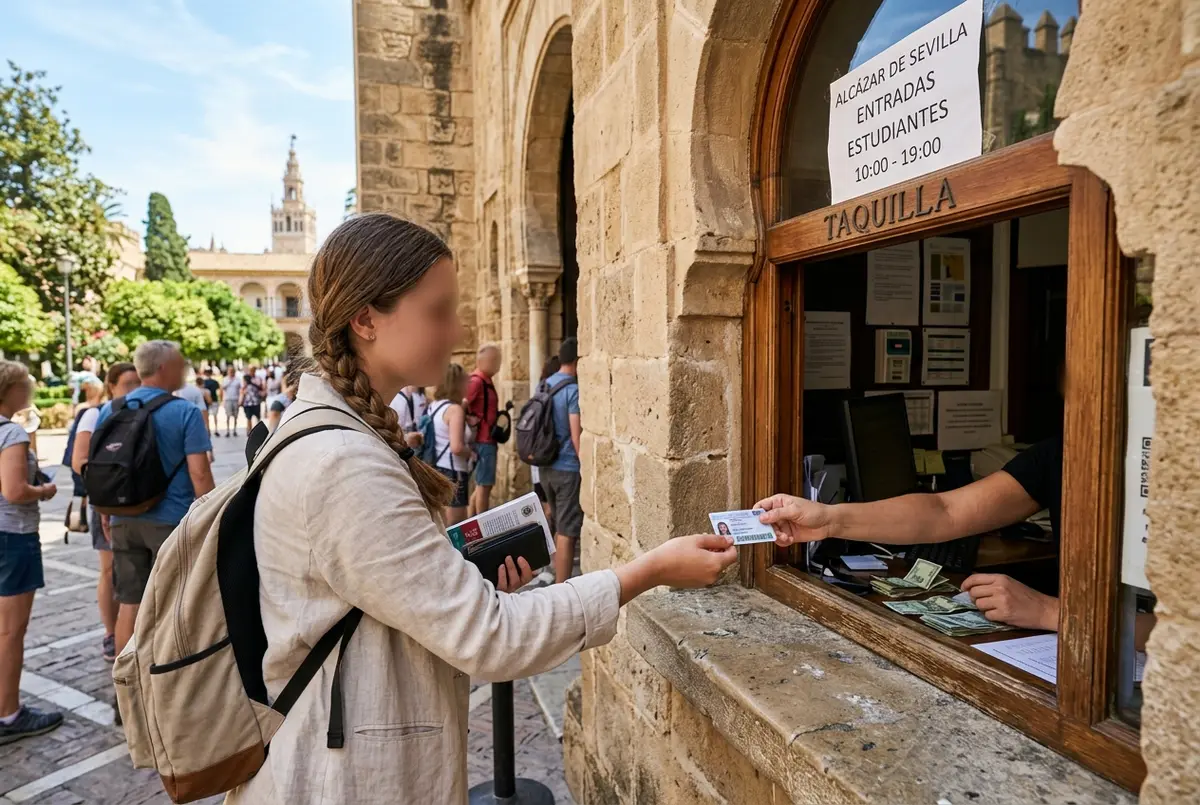 Young traveler showing a student ID card at the Alcazar of Seville ticket window near Patio de Banderas, requesting alcazar seville student tickets, midday light