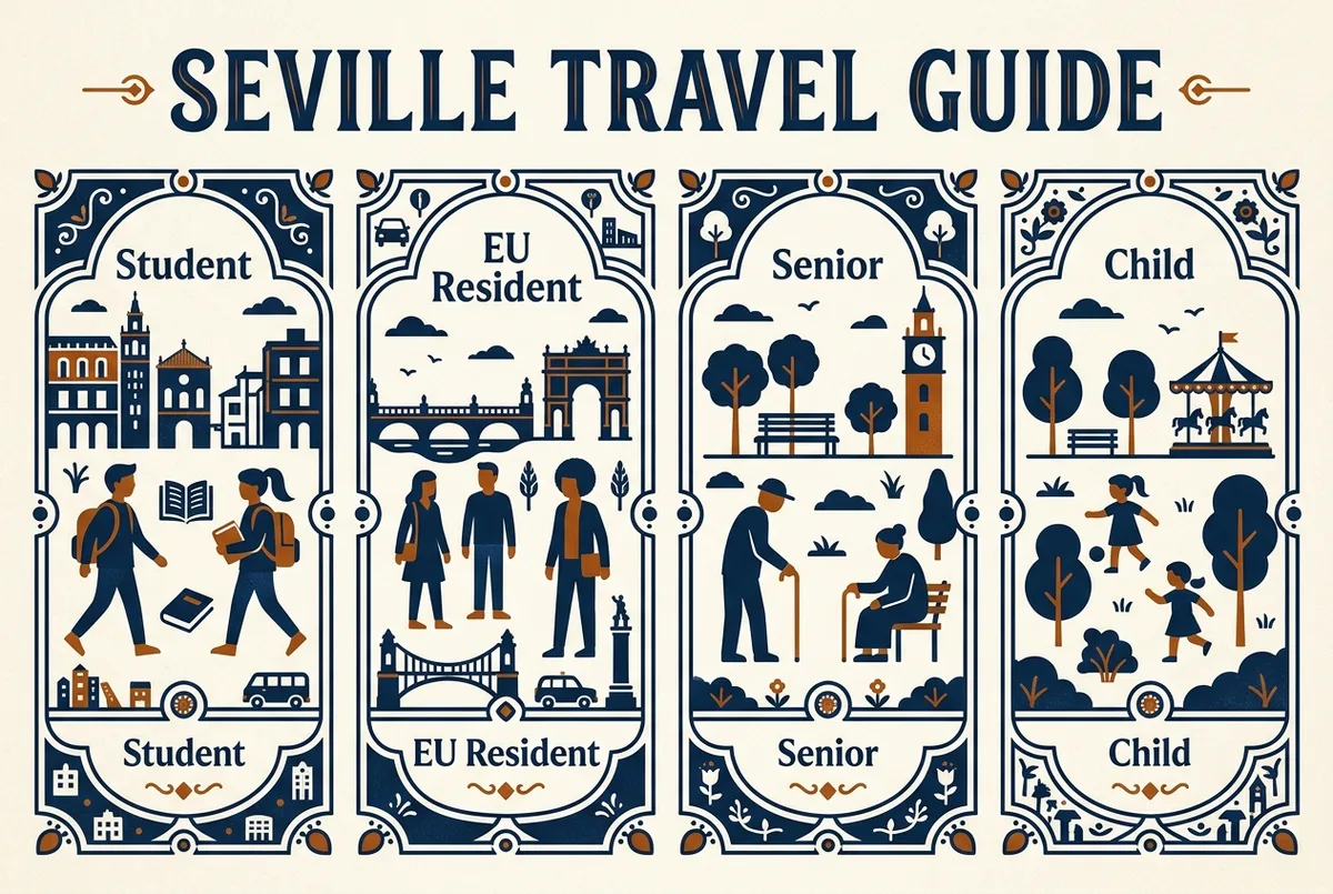 Infographic comparing alcazar seville student tickets discount categories side by side with generic labels for student, EU resident, senior and child rates, flat icon style