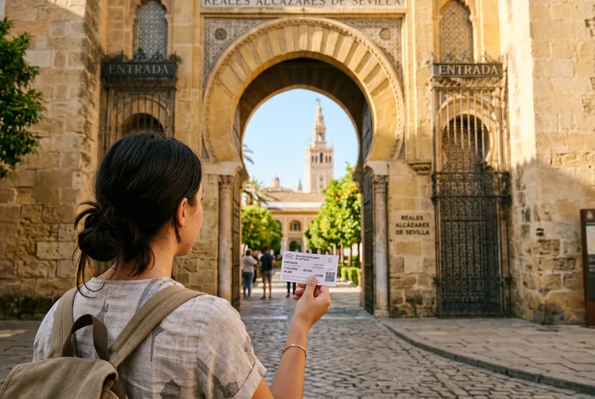 Rejsende der holder en Alcazar Sevilla ticket op ved indgangsporten på Patio de Banderas, gyldent mudéjar-buegang i baggrunden, varmt morgenlys