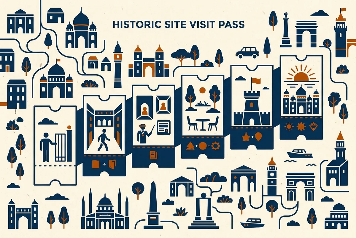 Infografik med prisstige der viser seks Alcazar Sevilla ticket-niveauer fra entré-only til VIP tidlig adgang, arrangeret fra venstre mod højre efter pris, flad ikonstil, generiske labels