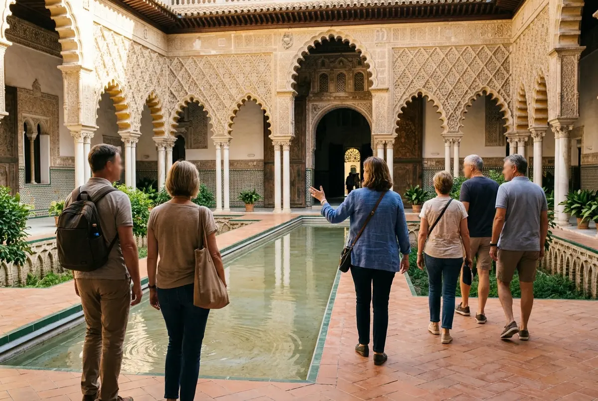 Lille gruppe rejsende der følger en guide gennem Patio de las Doncellas i Royal Alcázar of Seville under en alcazar sevilla tour, gyldne mudéjar-buer og spejlbassin, sen formiddagslys