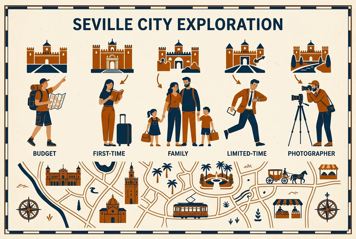 Beslutningsmatrix-infografik med fem rejsende-typer (budget, førstegang, familie, tidspresset, fotograf) der hver peger på et matchende alcazar sevilla tour-ikon, flad stil, generiske labels