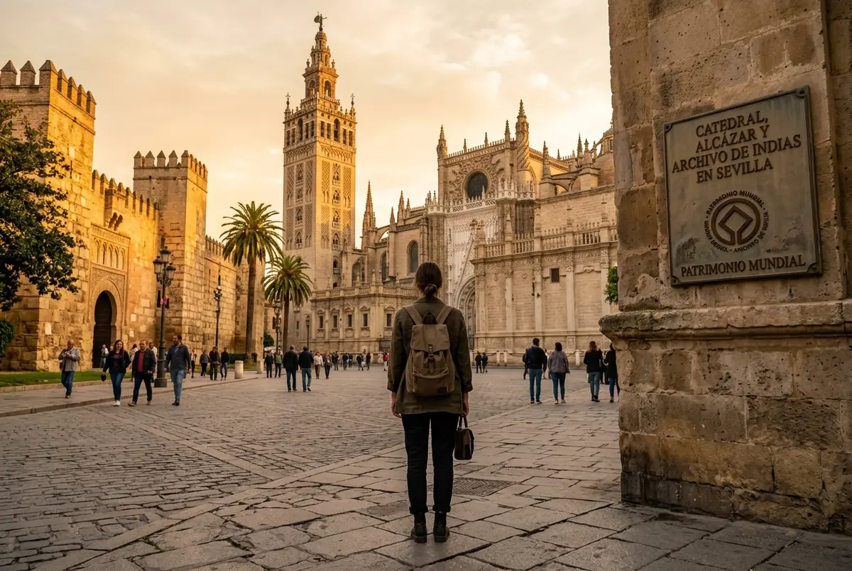 Vista aerea del real alcazar la catedral de sevilla y la giralda mostrando los tres monumentos que forman la declaracion patrimonio de la humanidad unesco