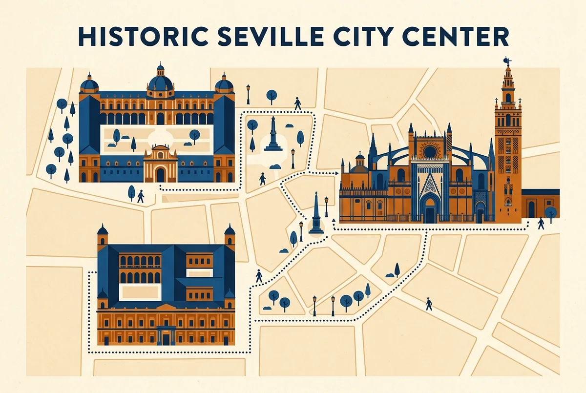 Infografia mostrando los tres monumentos catedral alcazar y archivo de indias de sevilla unidos bajo un mismo sello de patrimonio de la humanidad unesco