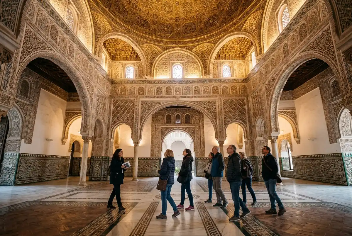 Small guided group walking through an empty Salon de Embajadores at the Royal Alcazar of Seville before general opening, golden dome overhead, soft early morning light
