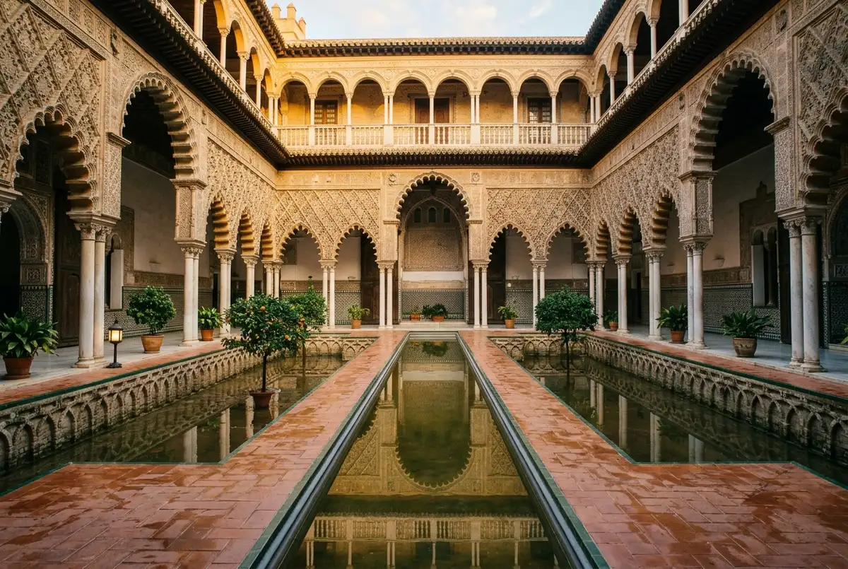 Editorial-style photo of an empty Alcazar courtyard just before sunrise, warm golden light on Mudejar tilework, no people visible, quiet and atmospheric mood