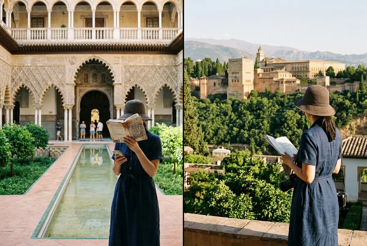 Rejsende der sammenligner alcazar sevilla vs alhambra ved at stå i den flisebelagte gårdhave Patio de las Doncellas med et rejsekort i hånden, blødt formiddagslys