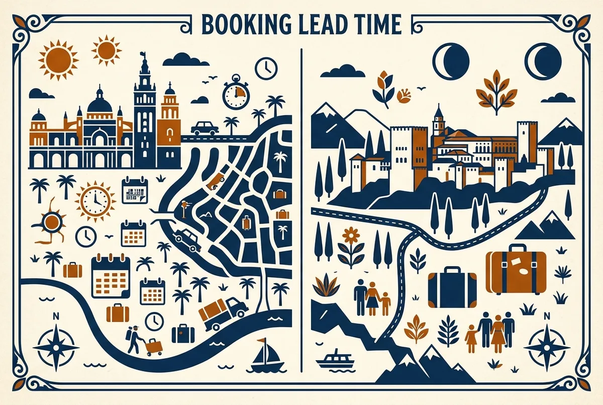 Kort-stil infografik der sammenligner alcazar sevilla vs alhambra på rejsetid, billettype og anbefalet bookingvindue, flad ikonstil, generiske labels