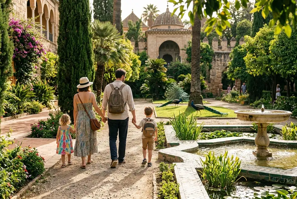 Família com duas crianças pequenas caminhando de mãos dadas pelos Jardins do Real Alcázar de Sevilha, pavão ao fundo, sombra de laranjeiras, tarde ensolarada e tranquila