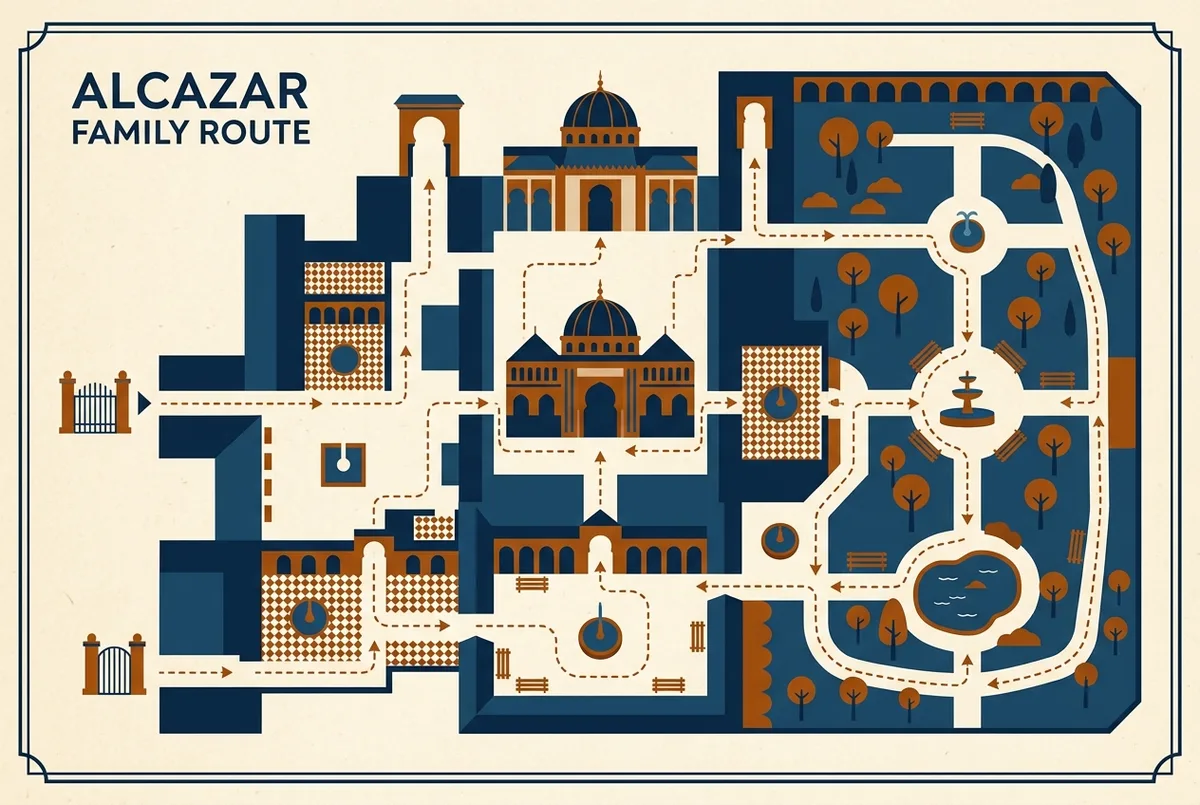 Infográfico simples de linha do tempo mostrando o roteiro de uma visita em família ao Real Alcázar de Sevilha, do palácio aos jardins, com ícones de sombra e água, estilo plano, apenas rótulos genéricos