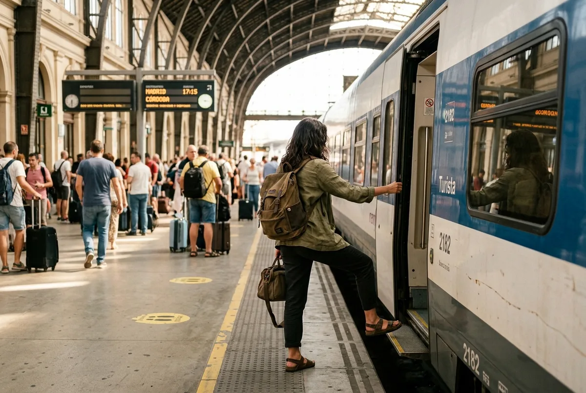 Traveler boarding a train at Seville's Santa Justa station for a day trip, Andalusian countryside visible through the platform, morning light