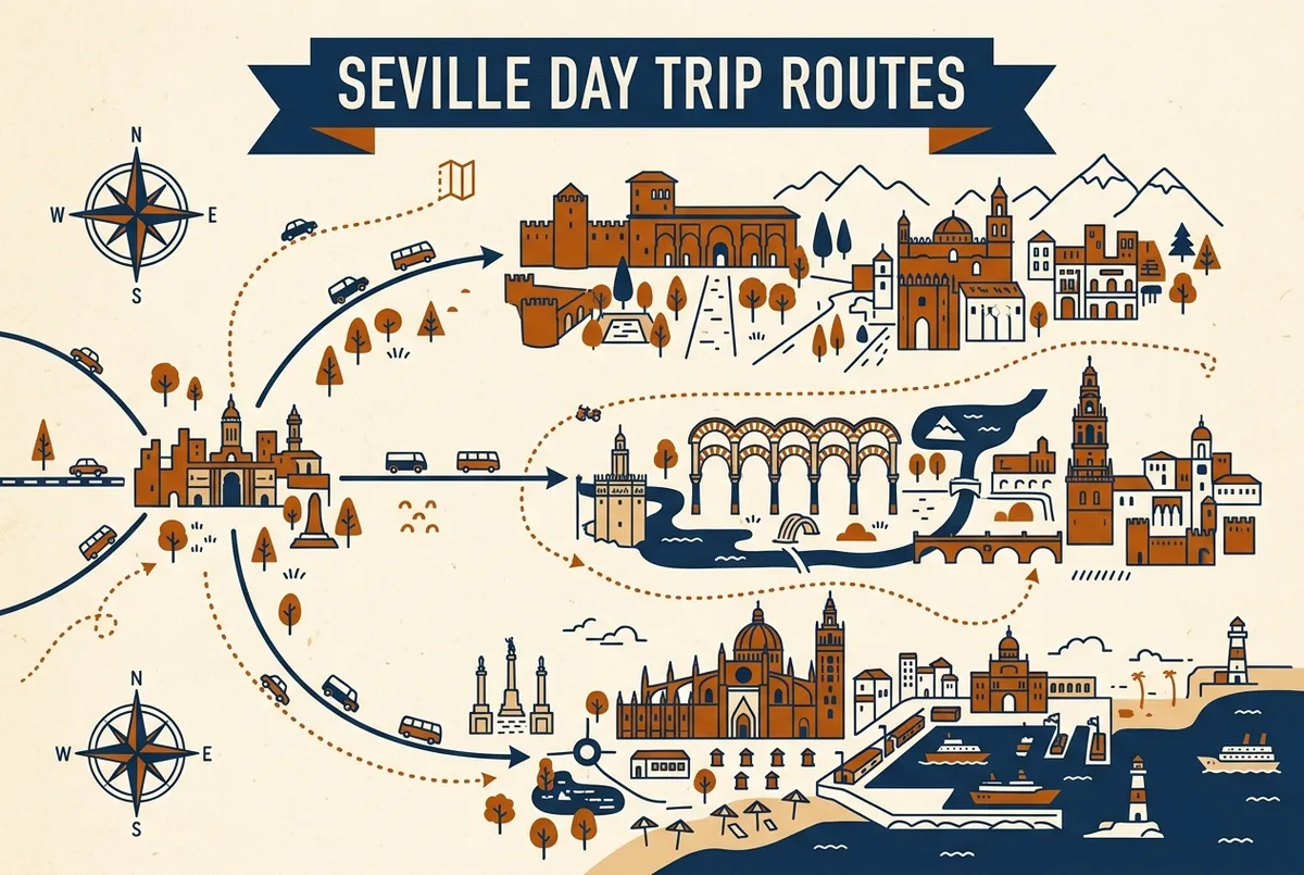 Simple comparison infographic showing three day trip routes from Seville: Granada, Cordoba, and Cadiz, with generic labels and no statistics